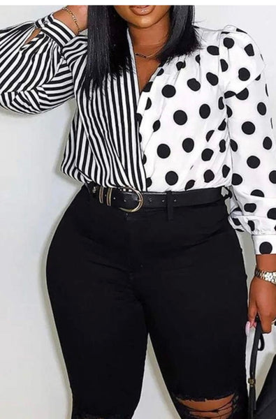 Black and white strip and dots blouse
